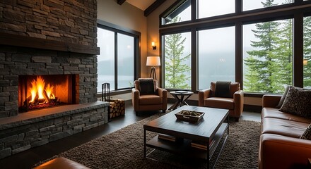 Cozy living room with a stone fireplace, leather armchairs, and large windows overlooking a serene lake and forest landscape