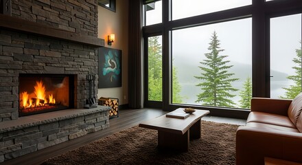 Cozy living room with a roaring fireplace and large windows overlooking a misty lake and pine forest