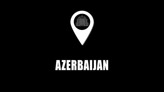  Location pin icon with city skyline and Azerbaijan text on black background. GPS location tracking icon.