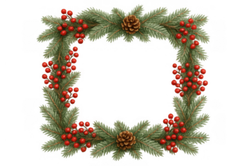 Christmas wreath square frame creating border decoration with pine branches, red berries, and pinecones on transparent background