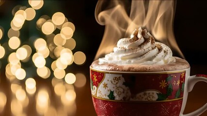 Steaming hot chocolate with whipped cream in a Christmas mug, holiday cheer, winter beverage delight. Perfect for festive menus, holiday ads, or cozy social media posts.