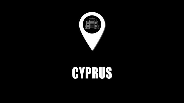  Location pin icon with city skyline and Cyprus text on black background. GPS location tracking icon.