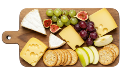 Overhead view of a cheese board with assorted cheeses, green and red grapes, sliced figs, apple, and crackers on a wooden cutting board.