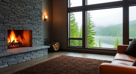 Cozy living room with a stone fireplace, comfortable sofa, and large windows overlooking a serene lake and forest on a misty day