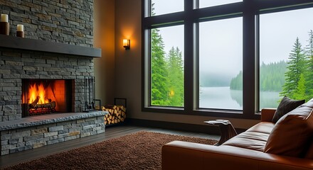 Cozy living room with a stone fireplace, leather sofa, and large windows overlooking a serene lake and pine forest on a misty day