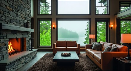 Cozy living room with a roaring fireplace and large windows overlooking a misty lake and lush green forest