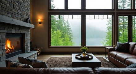 Cozy living room with a roaring fireplace and large windows overlooking a misty forest and lake, creating a serene and inviting atmosphere