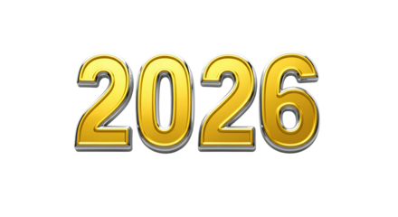 A three-dimensional rendering of the number "2026" is centered against a transparent background. New year's eve banner, high resolution png file.