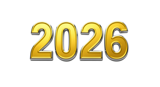 A three-dimensional rendering of the number "2026" is centered against a transparent background. New year's eve banner, high resolution png file. - Powered by Adobe