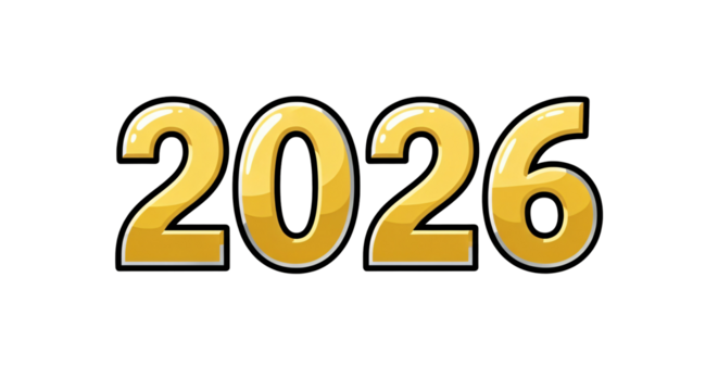 New year's eve banner featuring the number "2026" rendered in a bold, stylized, three-dimensional font against a plain, transparent background.