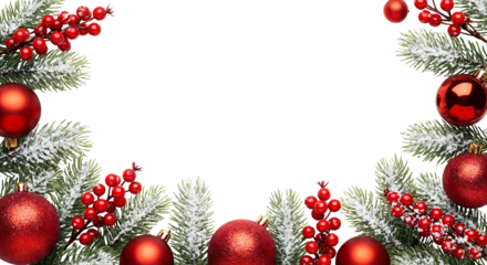 A high-key studio photograph featuring a border of Christmas decorations framing a large blank, central space. It consists of snow-dusted, artificial fir branches and clusters of bright red ornaments.