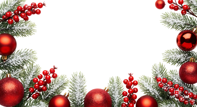 A high-key studio photograph featuring a border of Christmas decorations framing a large blank, central space. It consists of snow-dusted, artificial fir branches and clusters of bright red ornaments.
