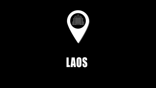 Location pin icon with city skyline and Laos text on black background. GPS location tracking icon.