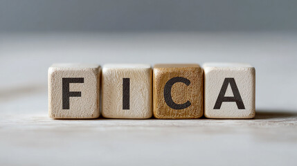 Minimalist composition of wooden blocks spelling “FICA” on a bright white table. Soft lighting emphasizes modern simplicity, symbolizing savings, healthcare, and investment concepts.