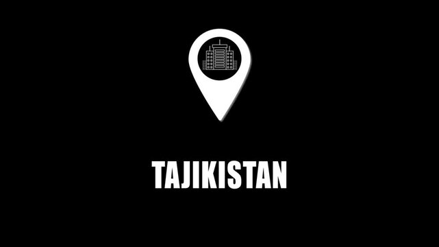 Location pin icon with city skyline and Tajikistan  text on black background. GPS location tracking icon.