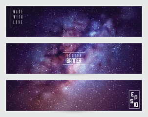 Dark night starry sky and Milky Way. Purple blue horizontal banners set