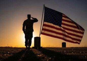 Silhouette of soldier saluting the american flag at sunset, honoring fallen heroes