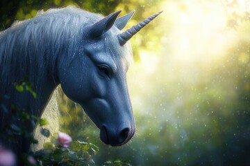 Majestic unicorn in enchanted forest with sunlit magical atmosphere and raindrops