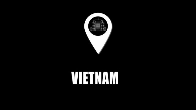 Location pin icon with city skyline and Vietnam text on black background. GPS location tracking icon.