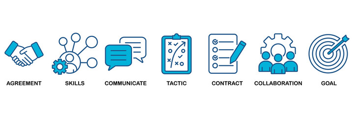Negotiation icon set Blue Monochrome Flat Design concept for business deal agreement and collaboration with icon of skills, communicate, tactic, contract, and goal