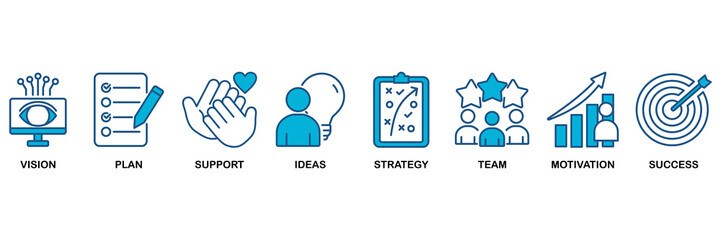 Goals icon set Blue Monochrome Flat Design concept for vision, plan, support, ideas, strategy, team, motivation, and success