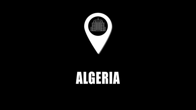 Location pin icon with city skyline and Algeria text on black background. GPS location tracking icon.