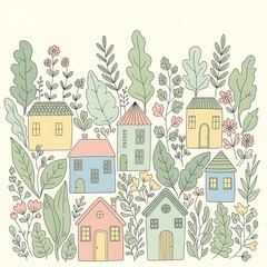 Seamless cartoon vector pattern: street with houses, trees, and city architecture
