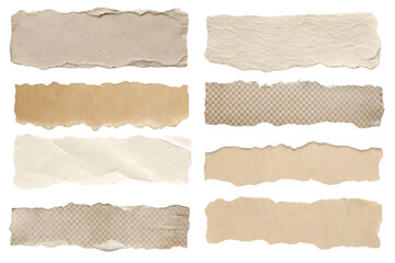 Eight torn paper strips in various beige and brown tones with ragged edges, isolated on a transparent background