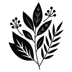 Elegant black and white floral illustration with leaves and berries design