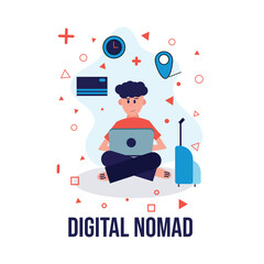 Vector illustration of a young man working remotely on a laptop with travel suicase and abstract background.Concept of a digital nomad,freelancer,remote work,online business and modern lifestyle.