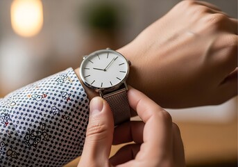 Business style accessory photo showing a hand engaging with a modern, silver-toned timepiece.