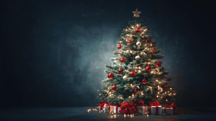 Beautifully decorated christmas tree with glowing lights and presents underneath against a dark moody background