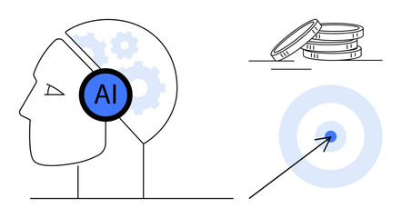 Fototapeta premium Human brain symbolizes AI with gears inside, coins for financial focus, and target for goal-setting. Ideal for AI, innovation, strategy, finance, business growth, technology simple flat metaphor