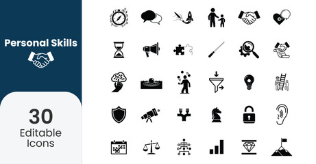 Collection of personal skills icons representing development growth and professional attributes