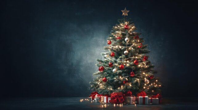 Beautifully decorated christmas tree with glowing lights and presents underneath against a dark moody background