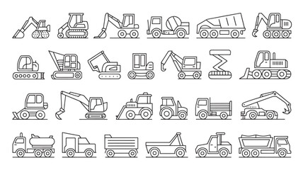 Construction vehicle icon set with excavators, bulldozers, cranes, cement mixers, dump trucks in black line vector style
