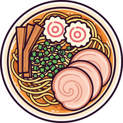 Flat Vector Illustration of Japanese Ramen Bowl with Pork, Noodles, and Narutomaki — Top Angle Food Art