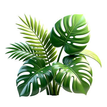 Green Tropical Monstera Palm Leaves 3D Render Icon Illustration Cute Cartoon Style Nature Plant Decor