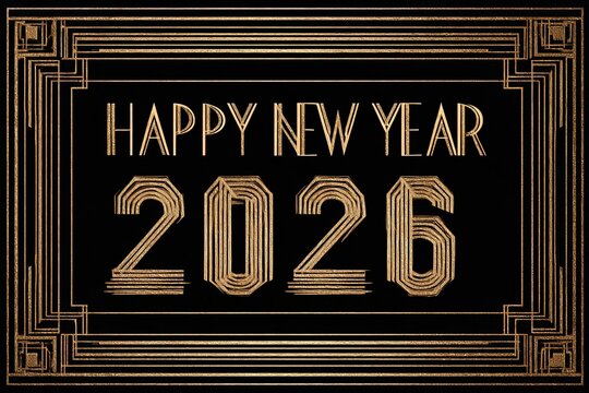 Happy New Year 2026 Gold Art Deco Style on Black Background - Powered by Adobe