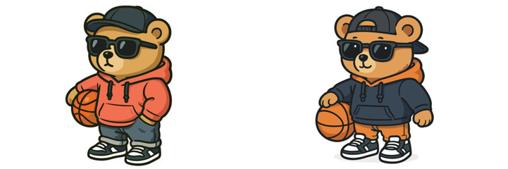 Cute cartoon bears dressed in stylish hoodies holding basketballs while wearing sunglasses