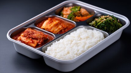 Korean street food, Delicious Korean meal with rice and side dishes in a tray.