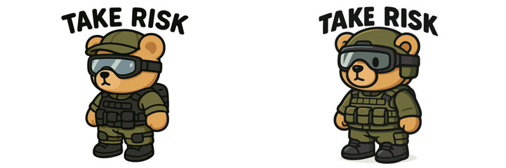 Obraz premium Cute bear characters in military gear promoting risk-taking with a lighthearted tone