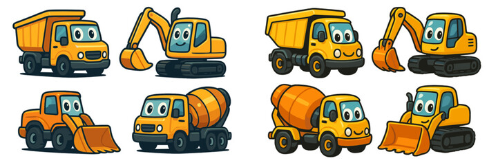 Colorful cartoon construction vehicles including trucks and excavators in playful style