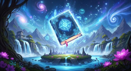 Discover magical fantasy realms with this enchanting book in a stunning landscape of waterfalls and mystical stars