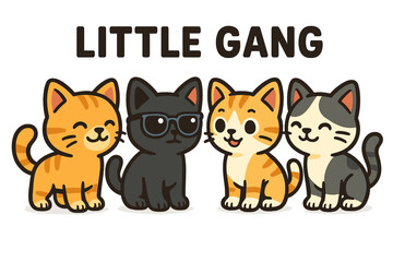 Naklejka premium Cute cartoon animals form a little gang featuring four playful cats with distinct fur colors and expressions