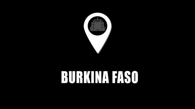 Location pin icon with city skyline and Burkina Faso  text on black background. GPS location tracking icon.