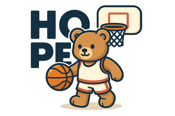 Cute bear playing basketball with the word hope displayed in a colorful design for a playful and inspiring atmosphere