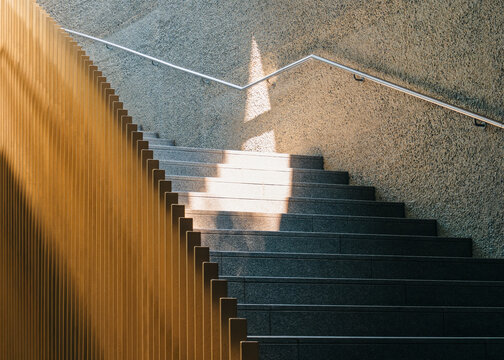 Stairs Step Handrail Steel Pattern Concrete wall Modern Building Architecture details Shade and Light 