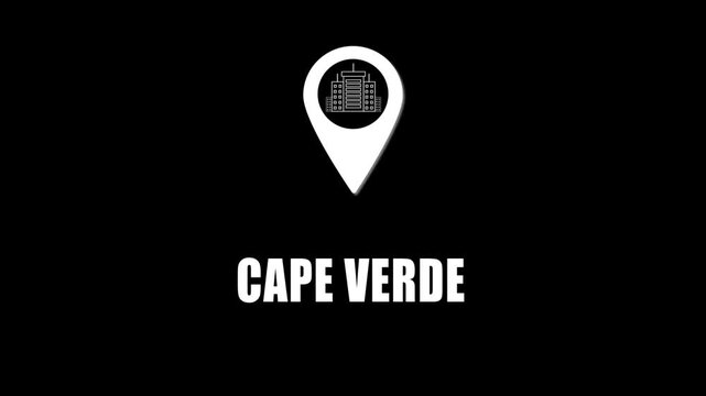 Location pin icon with city skyline and cape Verde text on black background. GPS location tracking icon.