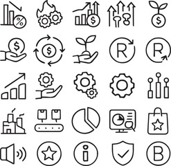 Fototapeta premium A grid of monochromatic icons representing various business concepts, including terms like margin, sustainability, profit margin, cash flow, ROI, and market share.